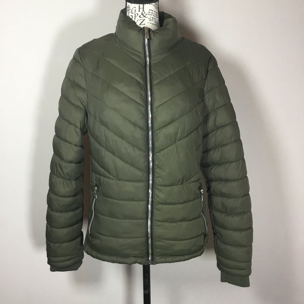 Army green puffer jacket coat fleecey lining very warm cozy soft layering L